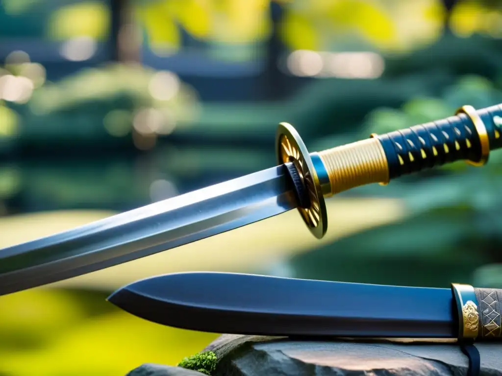 Una katana japonesa se destaca en primer plano, con detalles intrincados y un brillo suave