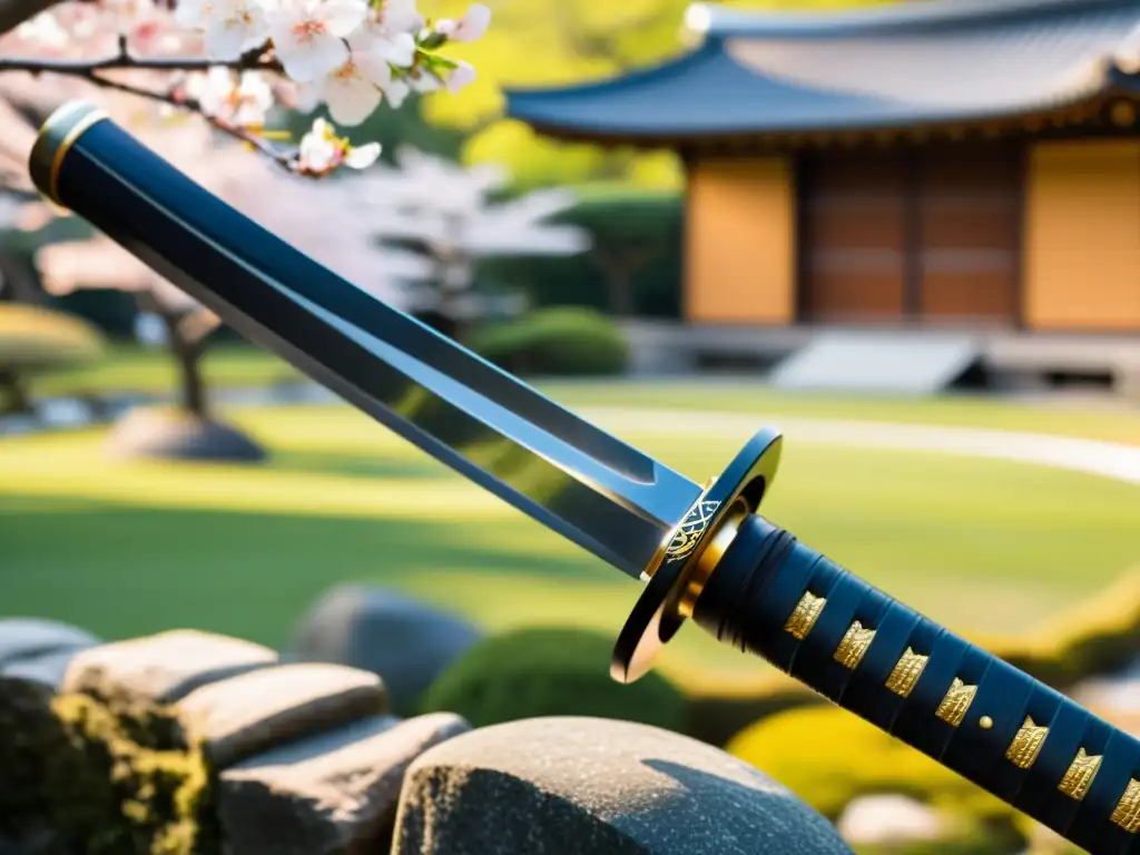 Una katana japonesa reluciente en un jardín de cerezos, evocando la influencia samurái en Star Wars