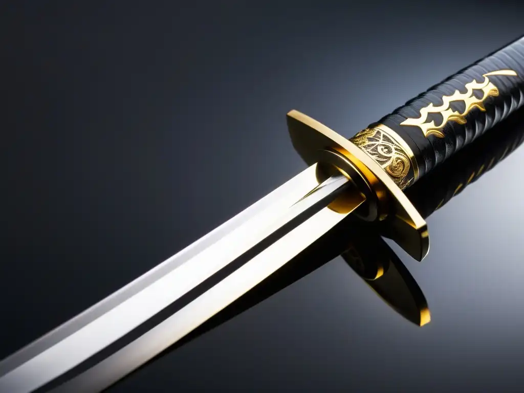 Una katana japonesa reluciente con inscripciones en kanji, rodeada de siluetas de samuráis practicando artes marciales en la cultura samurái