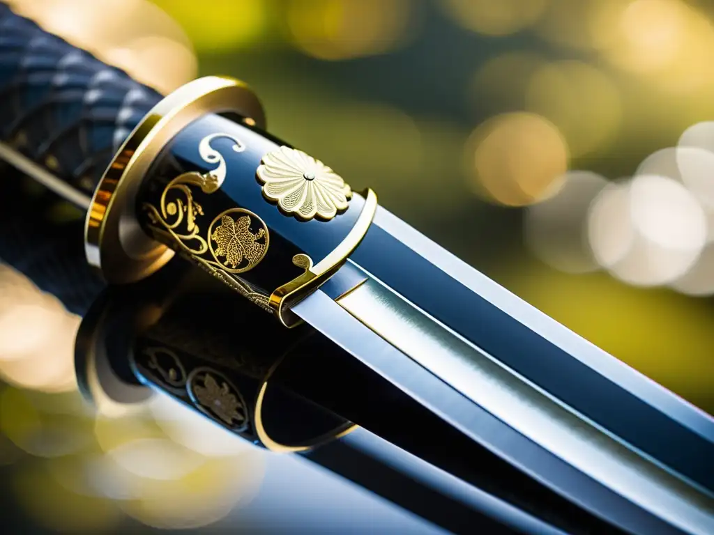 Una katana japonesa reluciente con tsukamaki negro y dorado, tsuba detallada, evoca la elegancia y destreza marcial del samurai