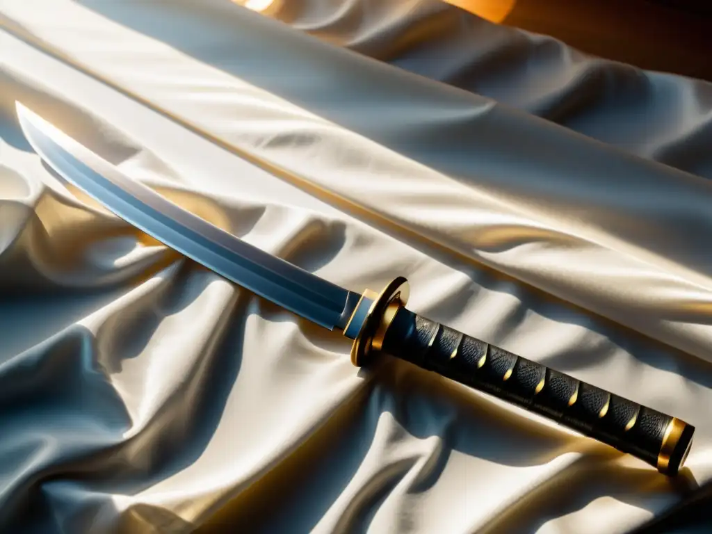 Una katana japonesa descansa sobre seda blanca, iluminada por el sol, simbolizando la espiritualidad en las espadas samurái