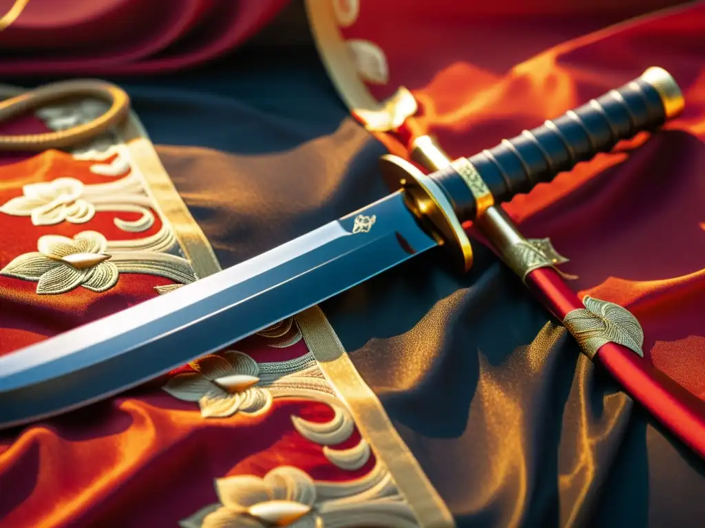 Una katana japonesa descansa sobre seda roja y dorada