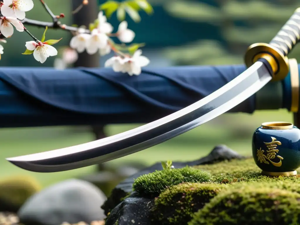 Una katana japonesa descansa en un sereno jardín, evocando la espiritualidad samurái y la belleza atemporal