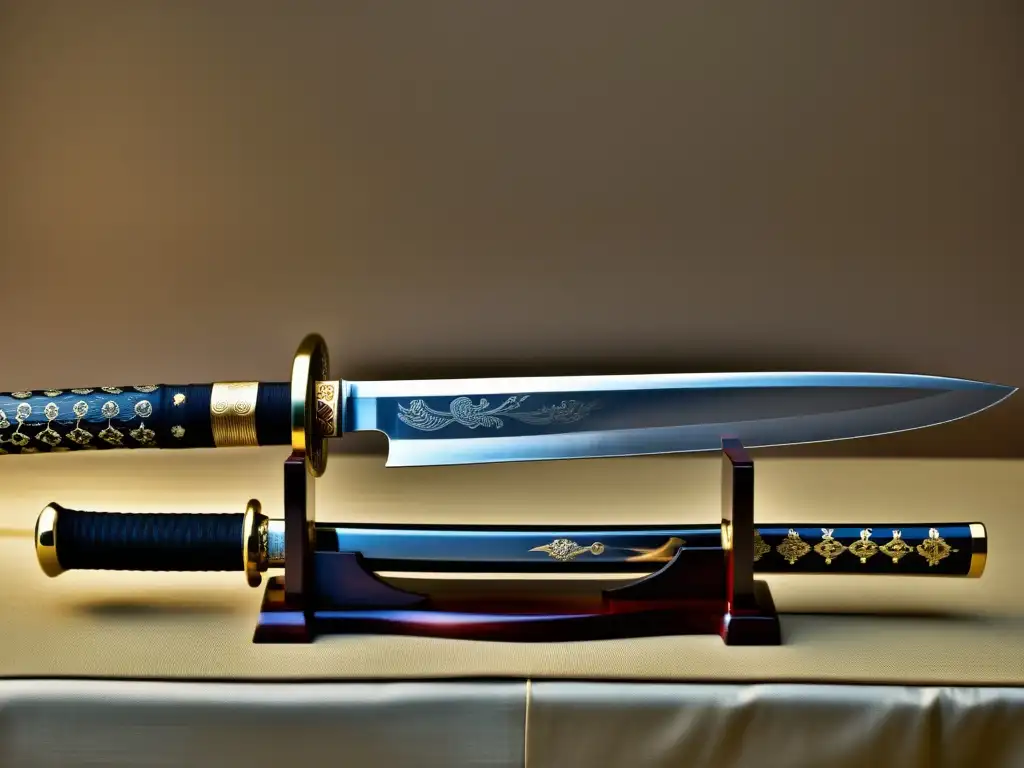 Una katana japonesa descansa sobre un soporte decorado, con su pulido brillo y detalles en acero