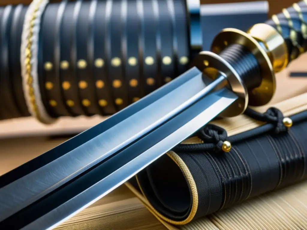 Una katana japonesa descansa en un soporte, con detalles de acero y una empuñadura adornada