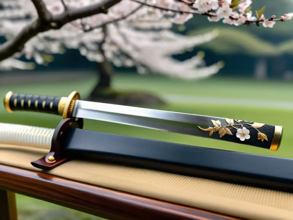 Una katana japonesa descansa sobre un soporte, con detalles intrincados en la hoja y el diseño del mango