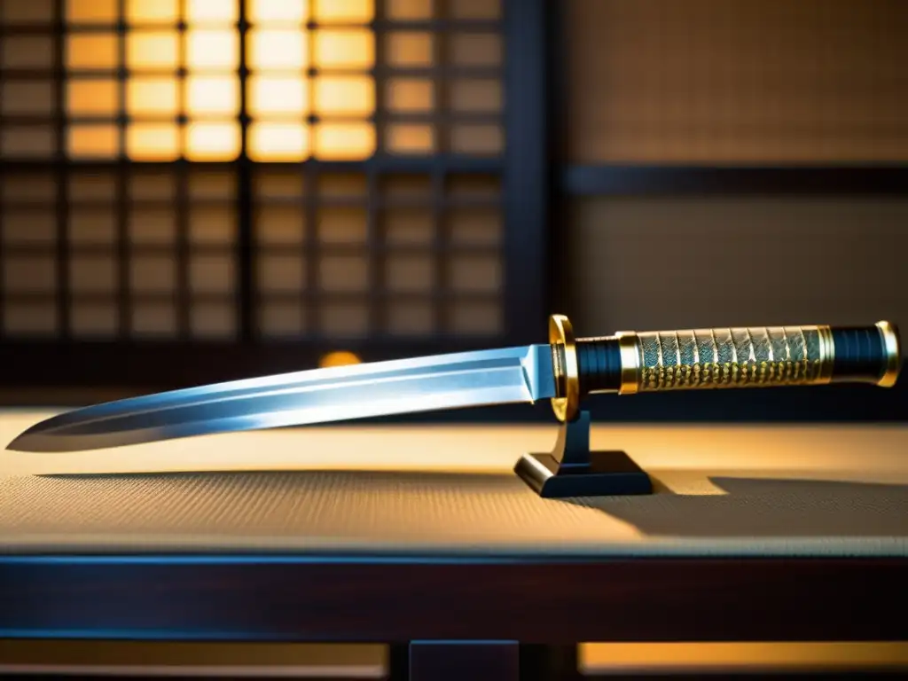 Una katana japonesa descansa sobre un soporte, iluminada por luz natural a través de una pantalla shoji