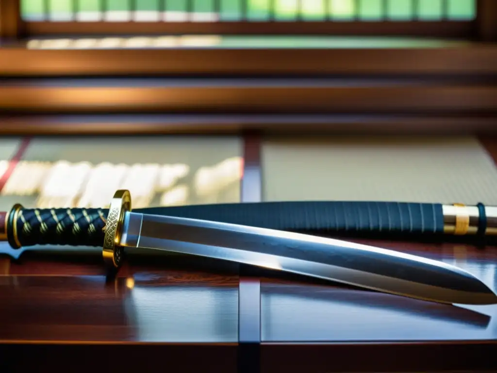 Una katana japonesa descansa sobre un soporte de madera finamente elaborado, iluminada por luz natural