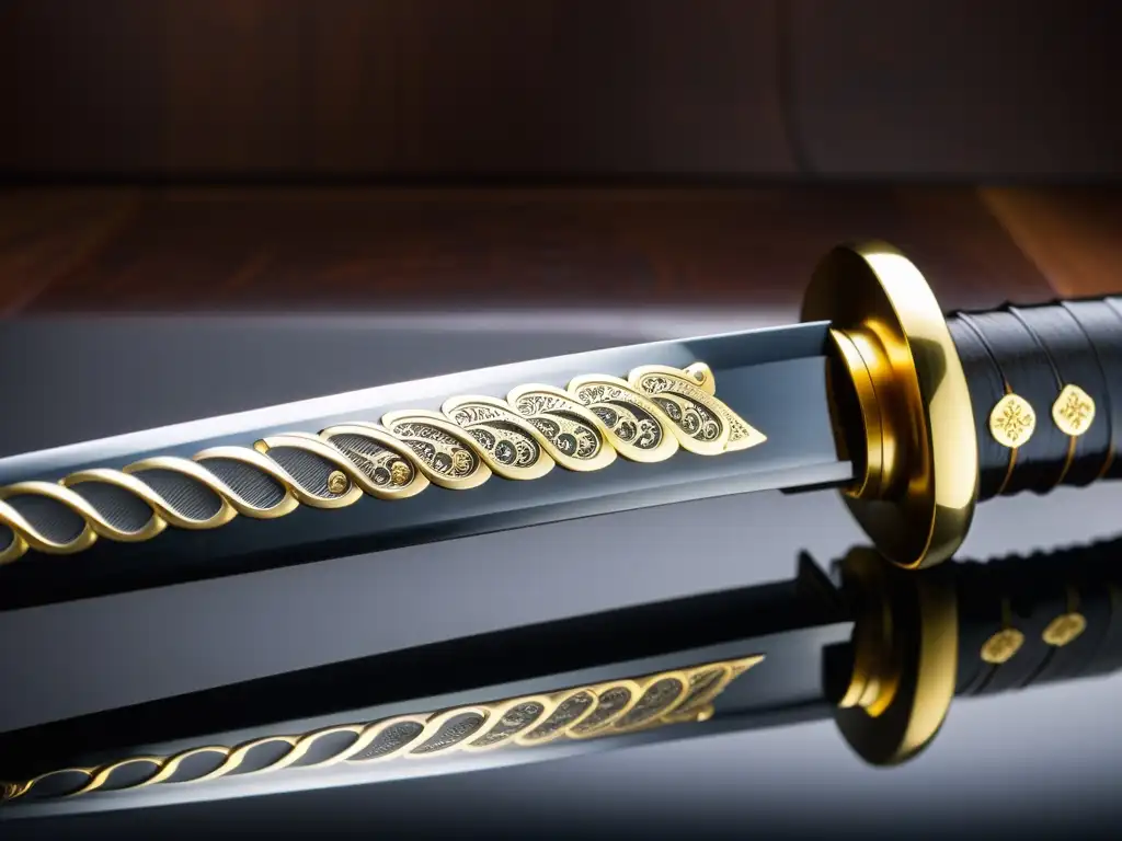 Katana japonesa: hoja reluciente y tsuba ornamental Una katana japonesa descansa sobre un soporte de madera pulida, con detalles intrincados y una hoja reluciente