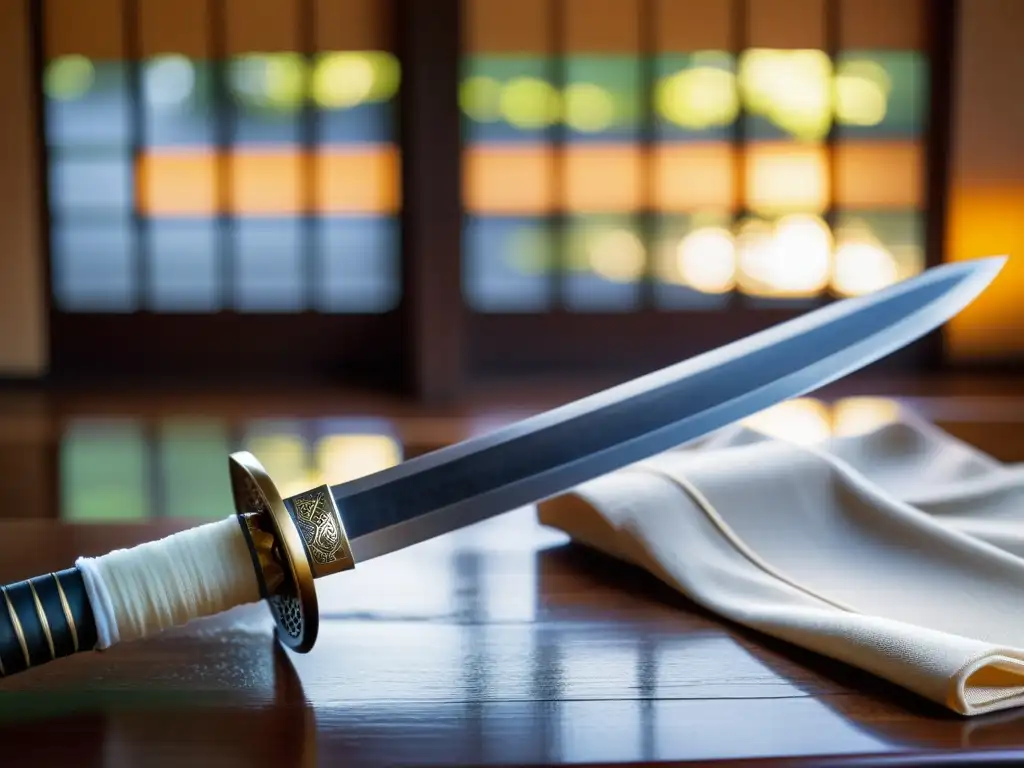 Una katana japonesa descansa sobre un soporte de madera, envuelta en seda blanca