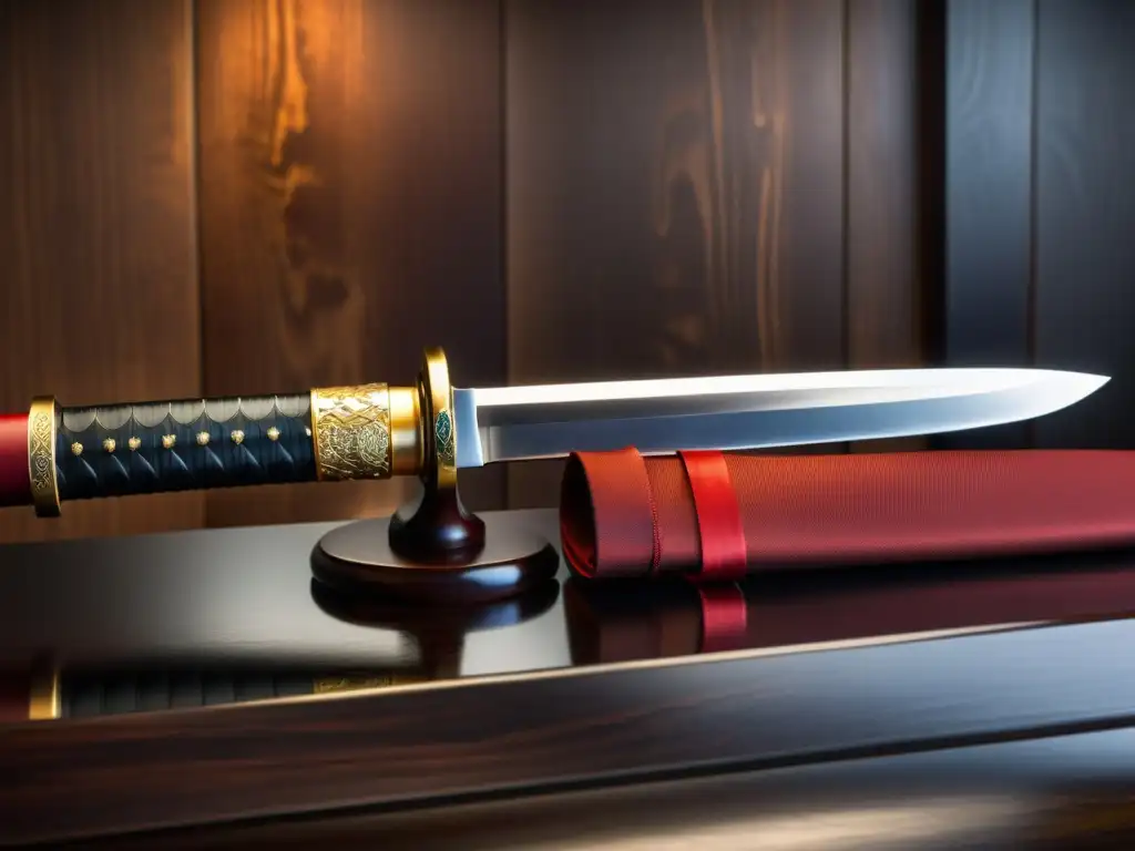 Una katana japonesa descansa sobre un soporte de madera en un entorno sereno, capturando la filosofía samurái en el mundo moderno