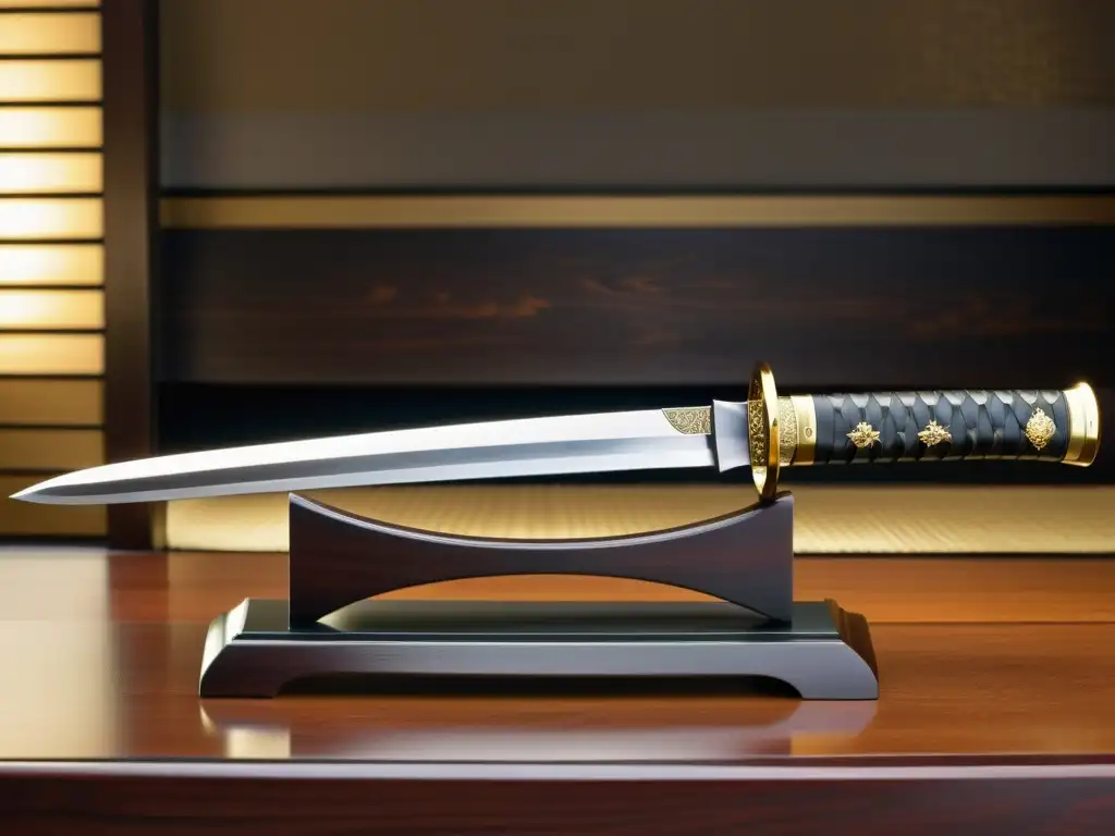 Una katana japonesa descansa sobre un soporte de madera pulida, con detalles de oro y plata