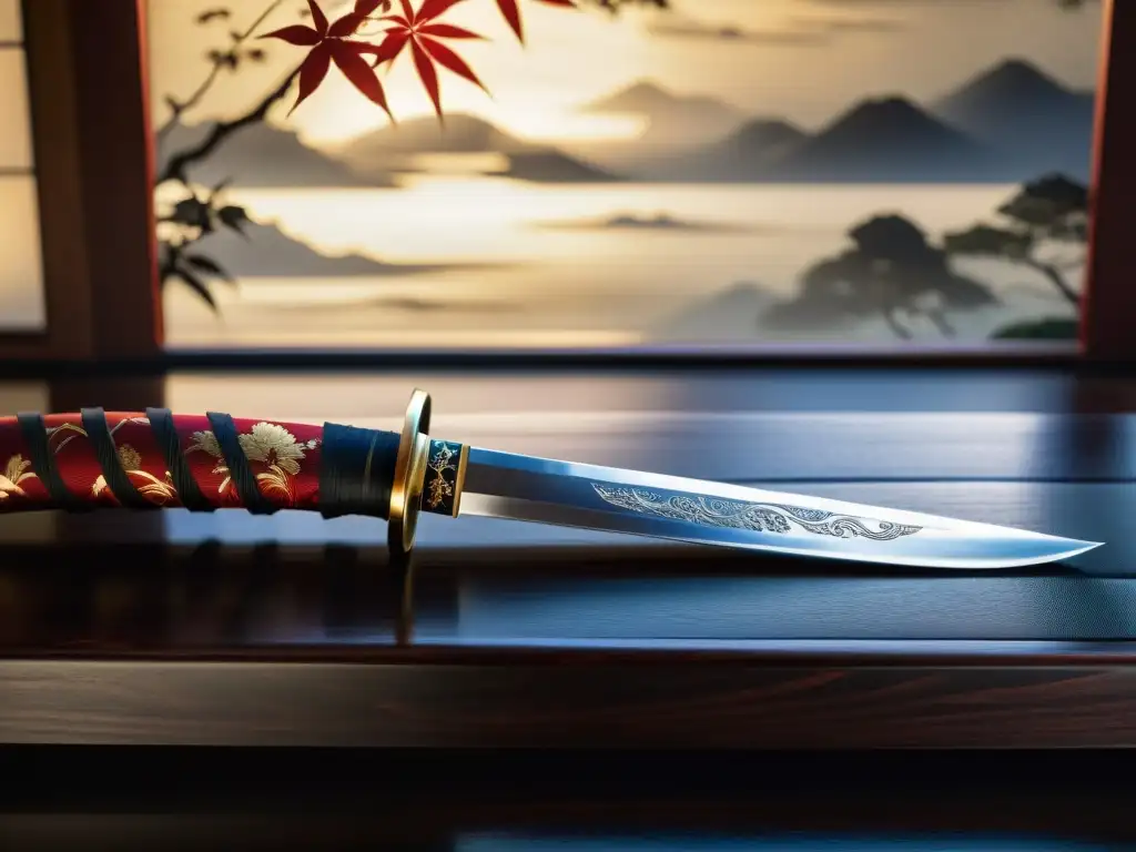 Una katana japonesa descansa en un soporte de madera oscura, con grabados detallados y un tsukaito de seda roja