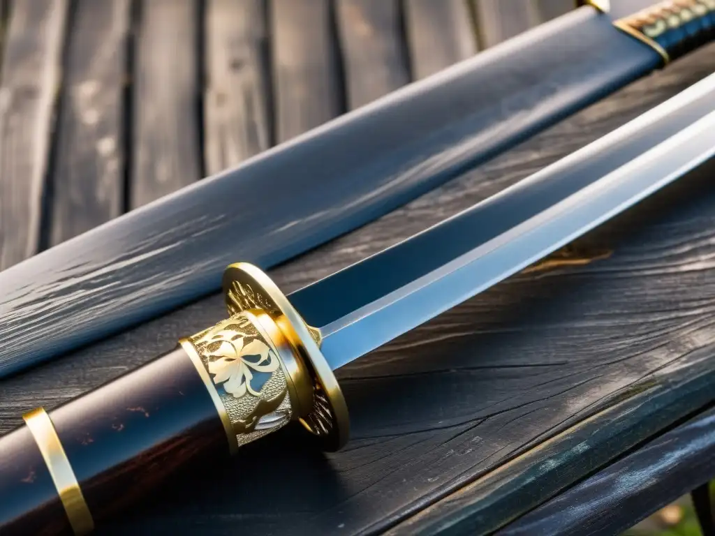 Una katana japonesa descansa sobre un soporte de madera envejecida, con la filosofía samurái en Japón impregnando su esencia histórica y cultural