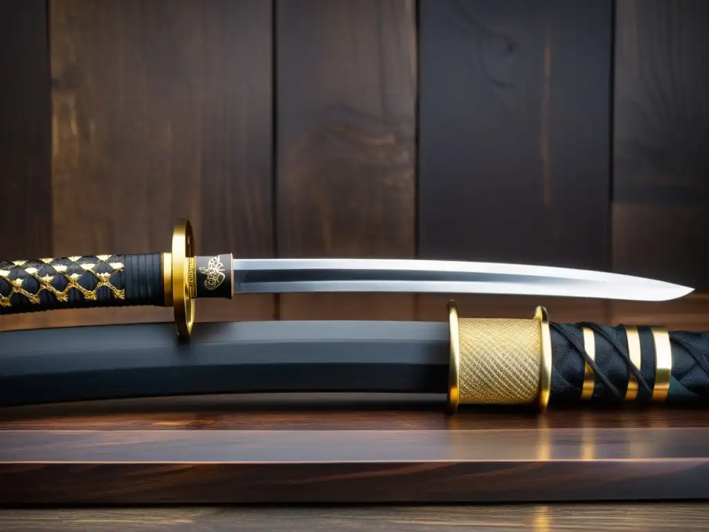 Una katana japonesa descansa sobre un soporte de madera oscura, iluminada por una cálida luz natural