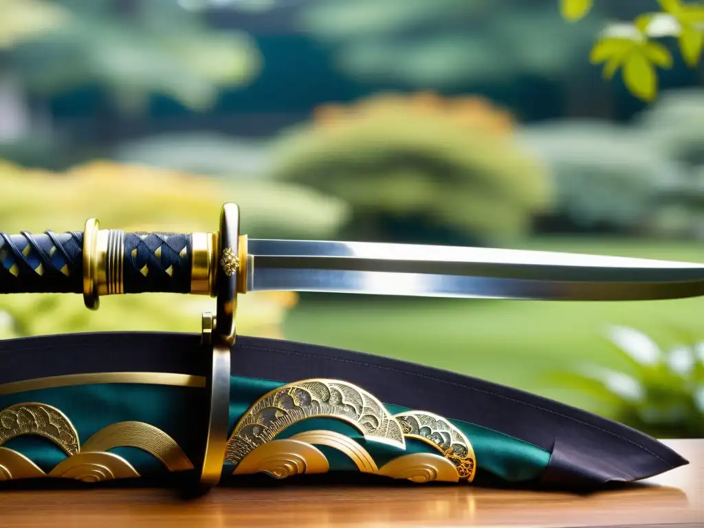 Katana japonesa: arte y tradición en acero Una katana japonesa descansa en un soporte de madera pulida en un jardín japonés, invitando a compras para aficionados cultura samurái