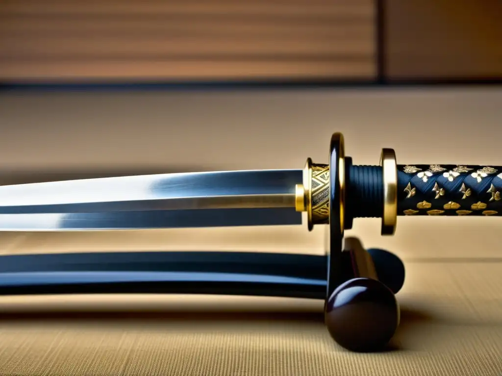 Una katana japonesa reposa sobre un soporte de madera envejecida