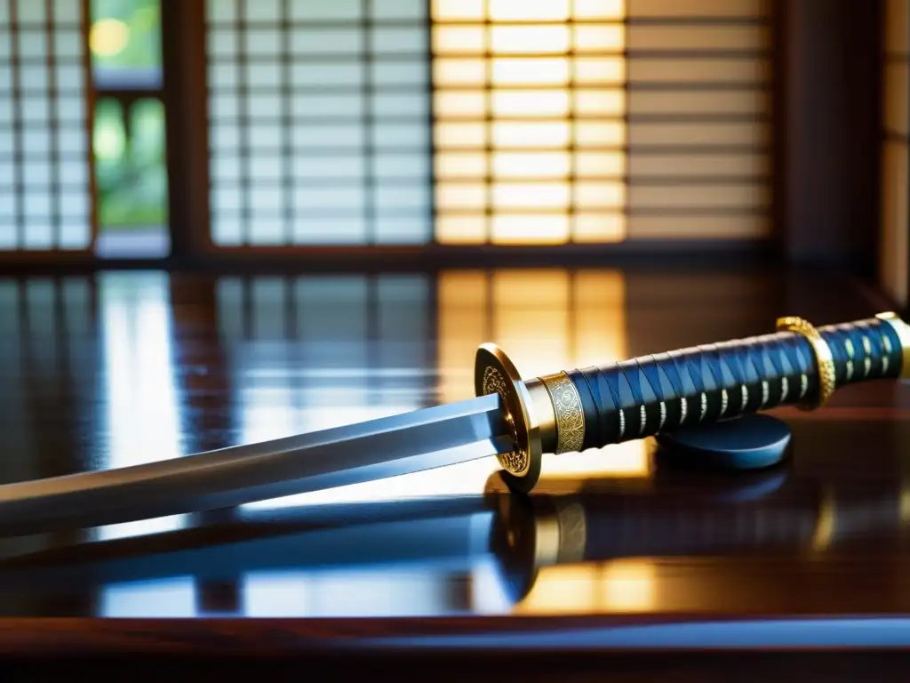 Una katana japonesa descansa en un soporte de madera pulida, iluminada por la suave luz natural