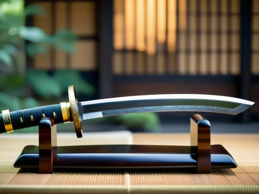 Una katana japonesa descansa sobre un soporte de madera pulida, mostrando sus intrincados patrones de acero plegado