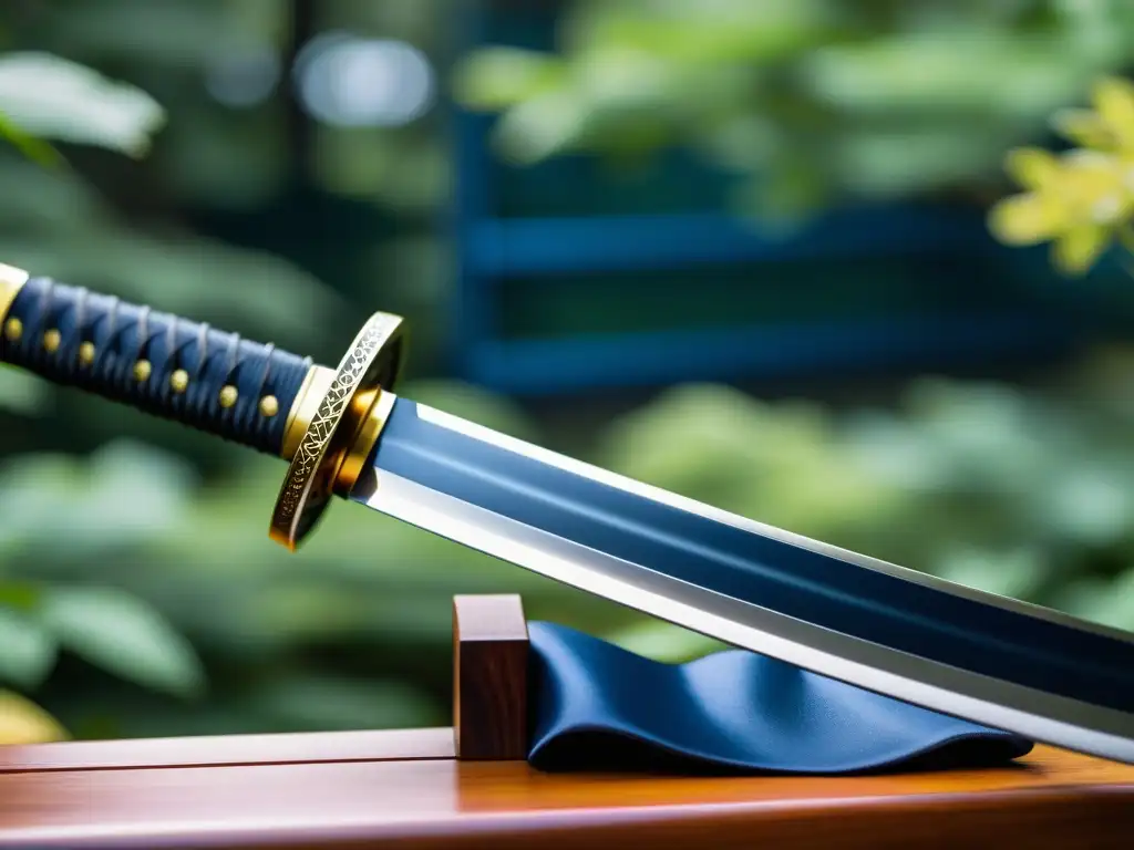 Una katana japonesa descansa en un soporte de madera en un sereno jardín, evocando el arte samurái en la novela histórica