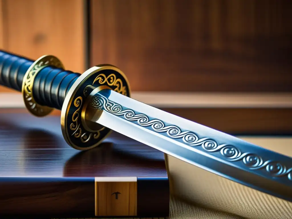 Una katana japonesa descansa sobre un soporte de madera con detalles intrincados