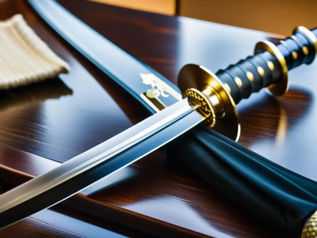 Una katana japonesa descansa en un soporte de madera pulida en un dojo tradicional japonés