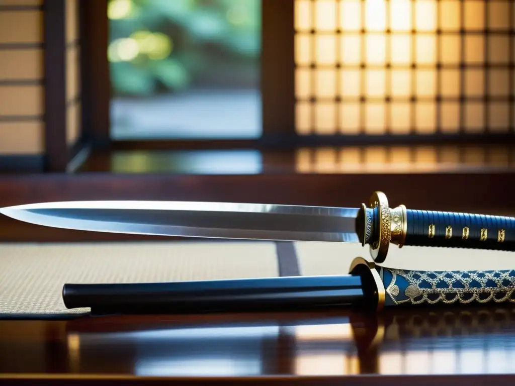 Una katana japonesa descansa sobre un soporte de madera pulida, bañada por la luz natural