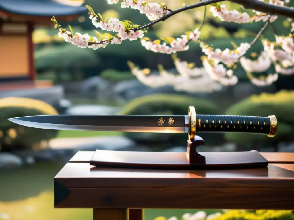 Una katana japonesa descansa sobre un soporte de madera pulida, con diseños intrincados en la hoja y el mango