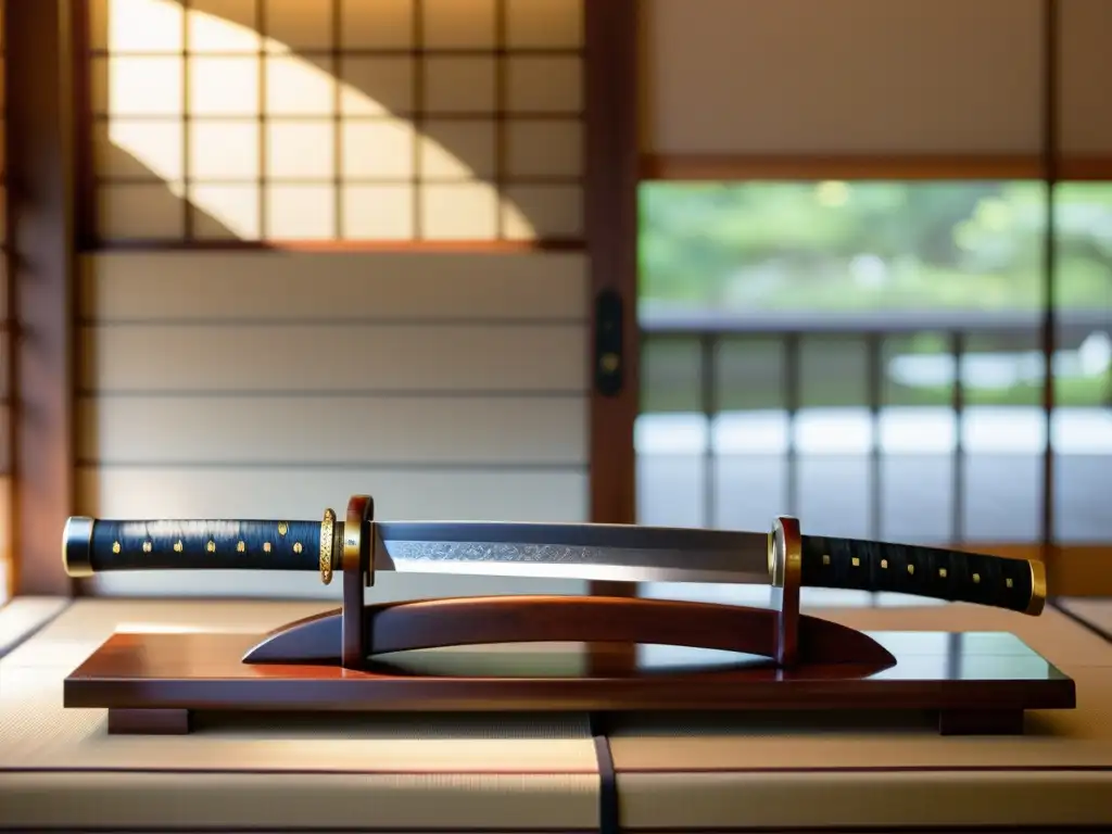 Una katana japonesa descansa sobre un soporte de madera, bañada por la luz del sol a través de una pantalla shoji