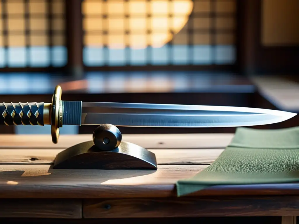 Una katana japonesa descansa sobre un soporte de madera, con detalles de la hoja y el guardamanos visibles