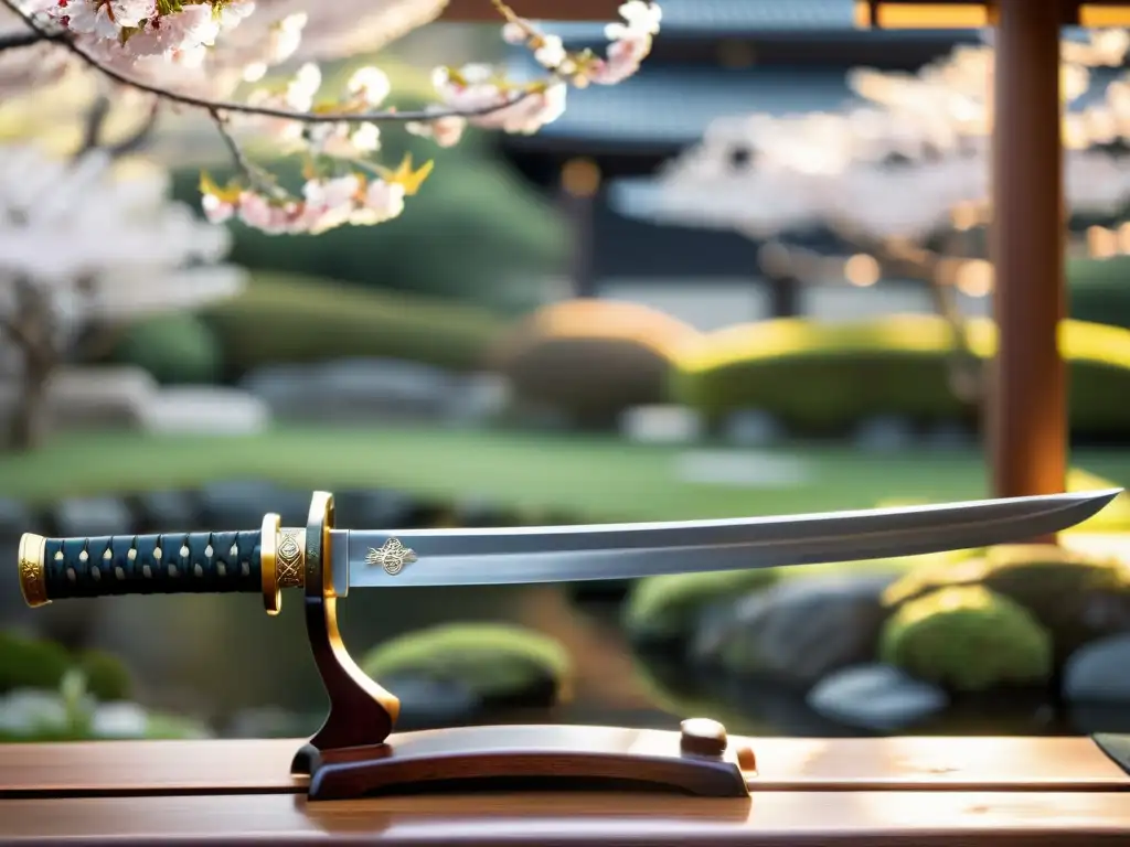 Una katana japonesa descansa sobre un soporte de madera pulida en un jardín con cerezos en flor