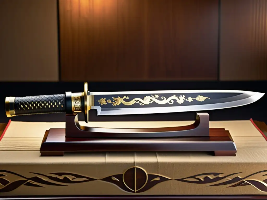 Una katana japonesa descansa sobre un soporte de madera pulida, con la luz creando sombras dramáticas