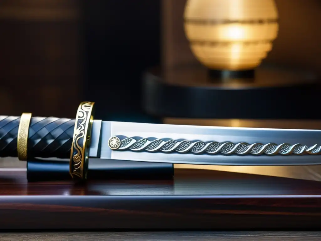 Una katana japonesa descansa sobre un soporte de madera oscura, con patrones de ondas en su filo de acero plegado