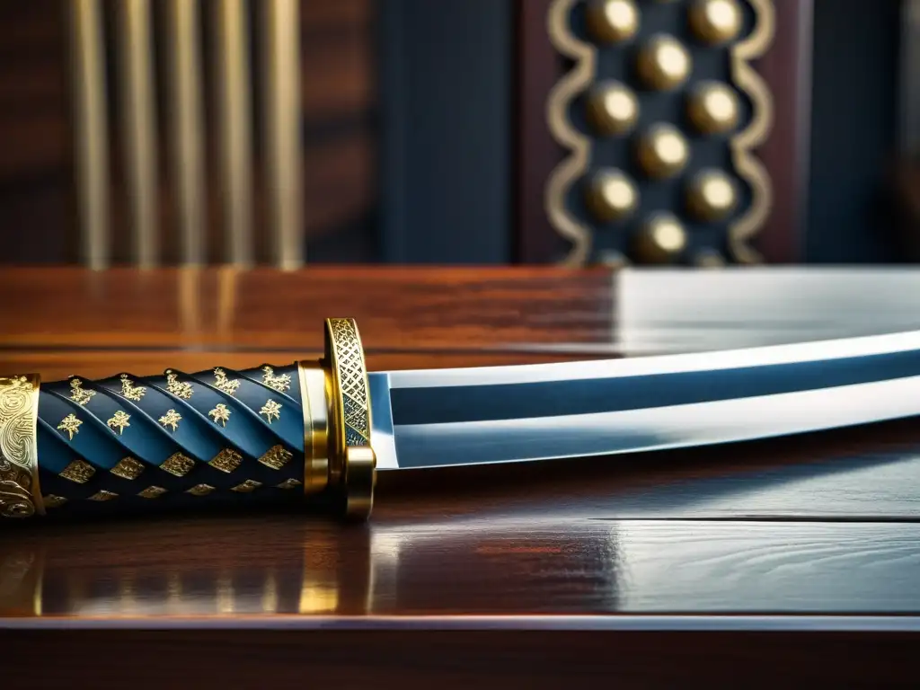 Una katana japonesa descansa sobre un soporte de madera, con detalles ornamentados en oro y plata