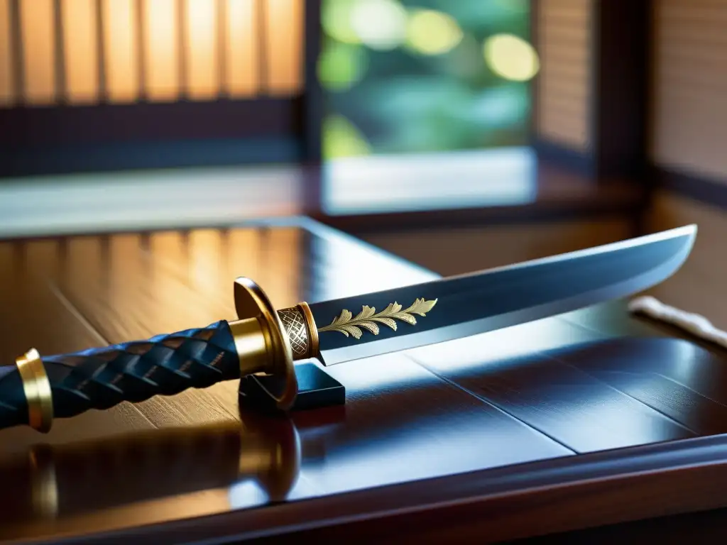 Una katana japonesa descansa sobre un soporte de madera, exudando elegancia