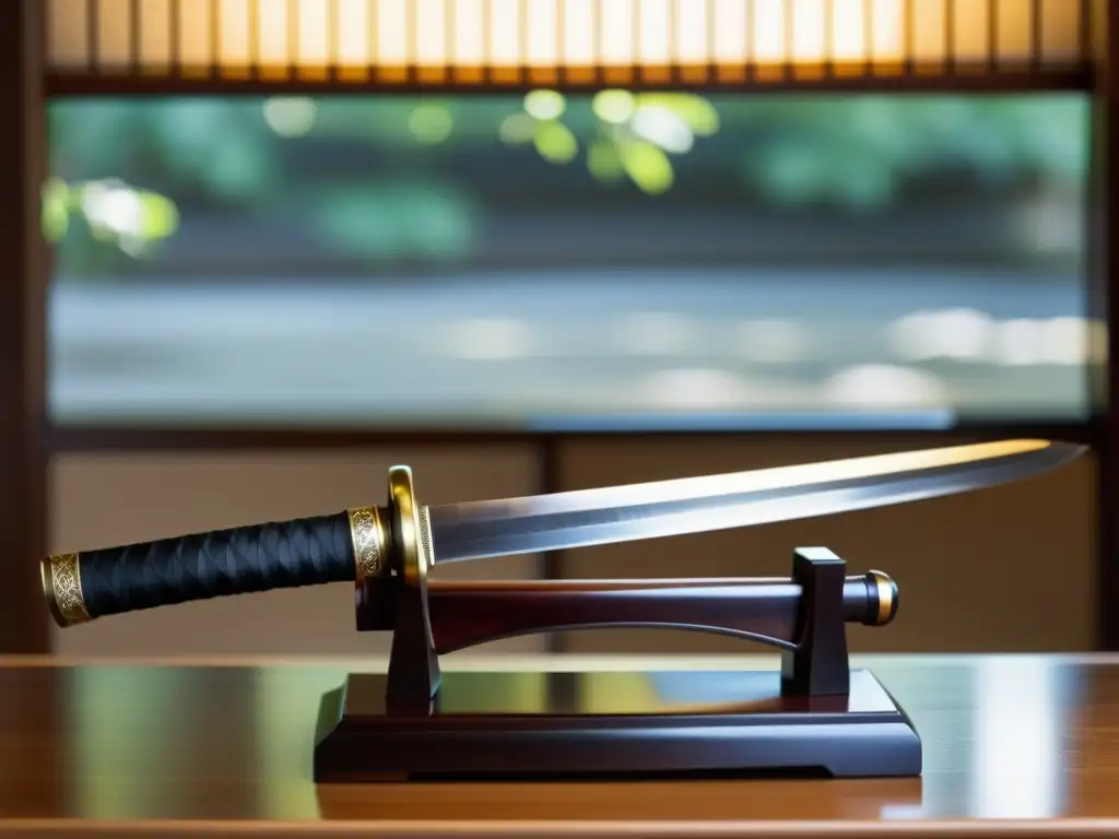 Una katana japonesa descansa en un soporte de madera, con su hoja brillante y un patrón de ondulaciones