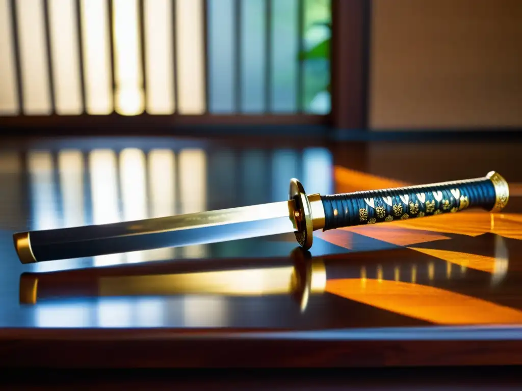 Una katana japonesa descansa en un soporte de madera, bañada por la luz dorada, evocando las estrategias psicológicas samuráis para el éxito personal