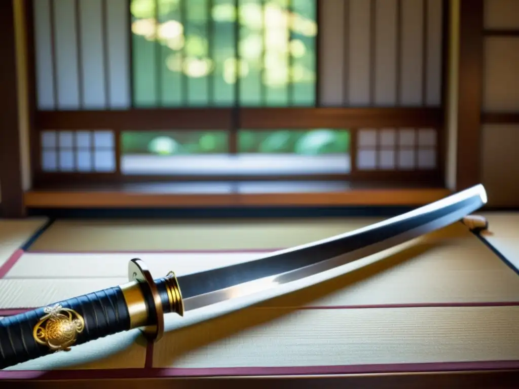 Una katana japonesa descansa en un soporte de madera pulida, con la hoja reluciente bajo la suave luz de una habitación tradicional de tatami