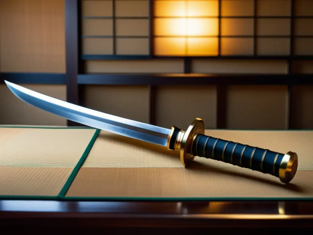 Una katana japonesa reposa sobre un soporte de madera finamente elaborado en un dojo tradicional, evocando el código Bushido y el ritual del Seppuku