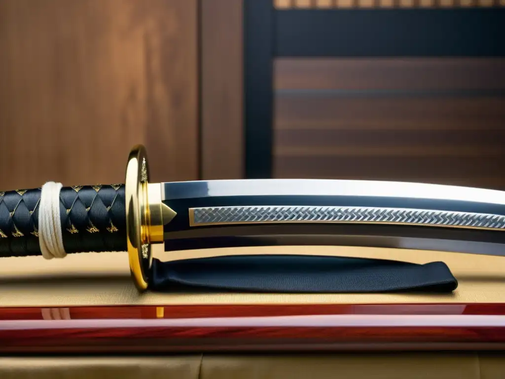 Una katana japonesa descansa sobre un soporte de madera, exudando elegancia y el rol de la mujer samurái