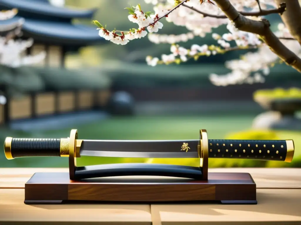 Una katana japonesa descansa sobre un soporte de madera pulida en un jardín con cerezos en flor, evocando la filosofía de combate samurái Zen