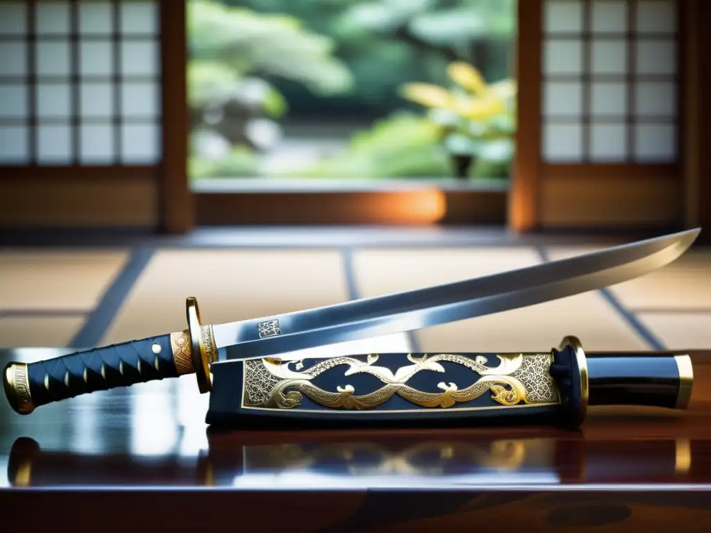 Una katana japonesa descansa sobre un soporte de madera, con detalles de tratados internacionales casta samurái