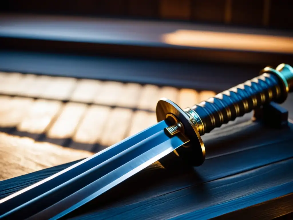 Katana japonesa antigua en soporte de madera Una katana japonesa descansa en un soporte de madera envejecida, bañada por luz natural