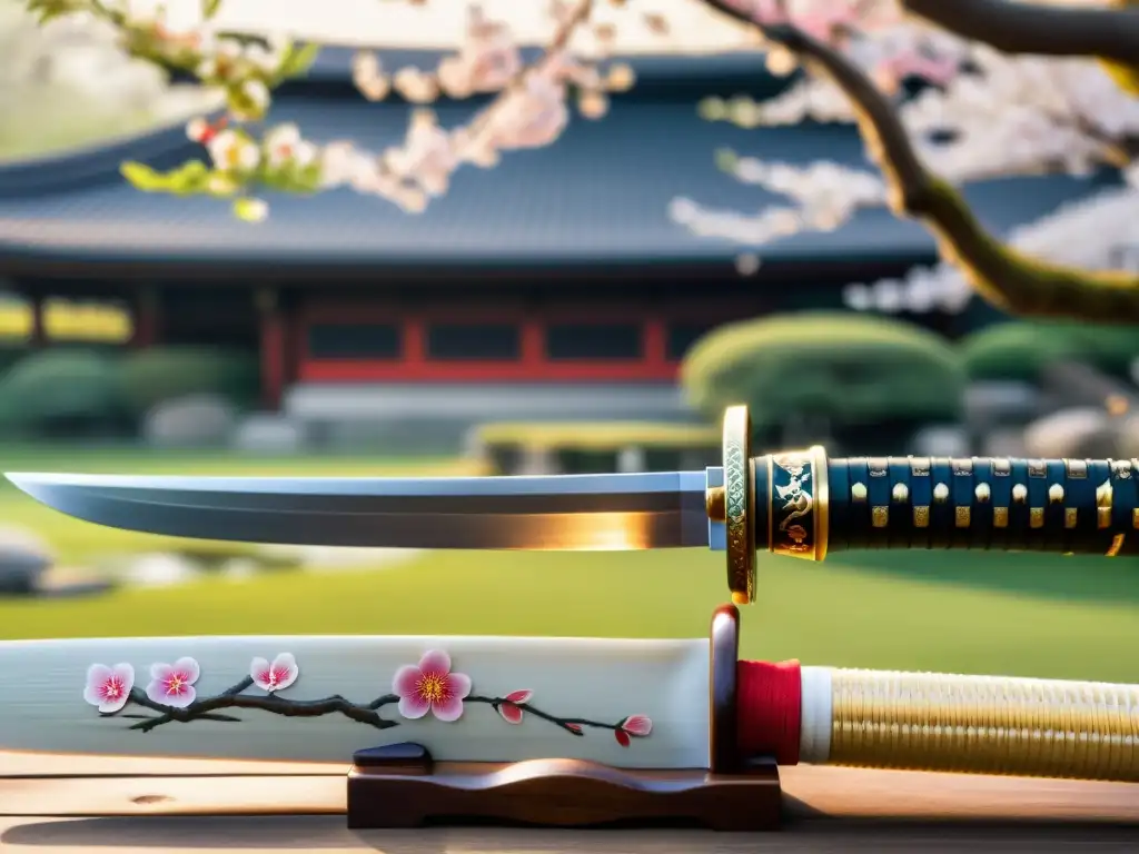 Una katana japonesa descansa sobre un soporte de madera