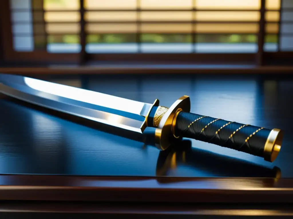 Una katana japonesa descansa sobre un soporte de madera oscura, con patrón ondulado en la hoja y detalles de oro y plata