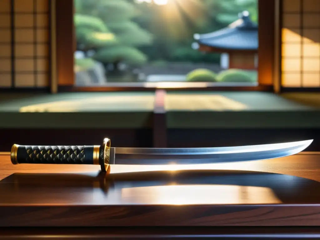 Una katana japonesa descansa en un soporte de madera, iluminada por el sol, mostrando su hamon