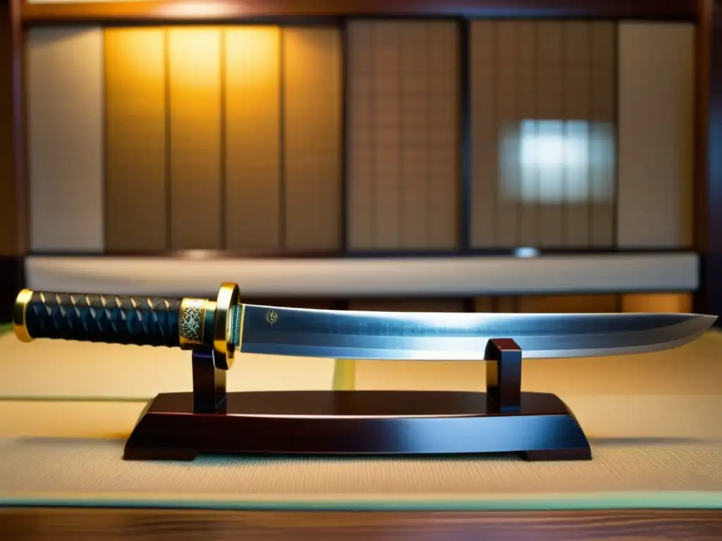 Una katana japonesa descansa en un soporte de madera pulida, su hoja reluciendo en la suave luz de un dojo