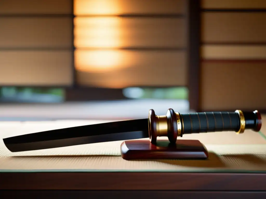 Una katana japonesa descansa en un soporte de madera en una habitación serena