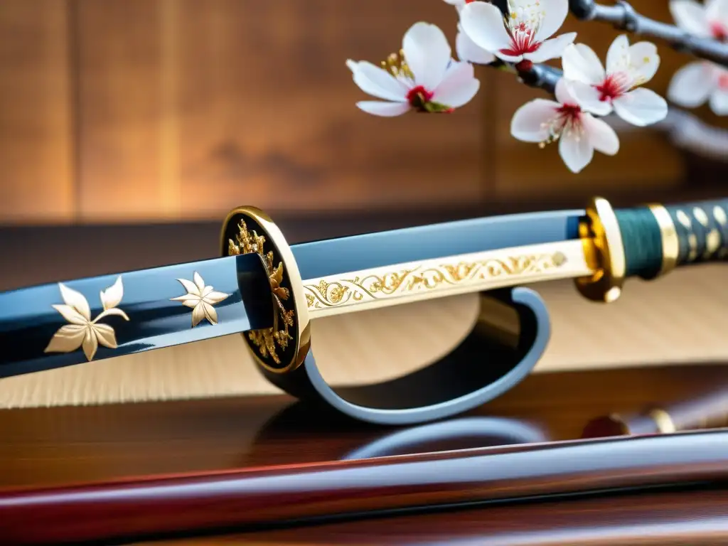 Una katana japonesa descansa sobre un soporte de madera pulida, mostrando una saya detallada con diseño de cerezos en flor y acentos de oro