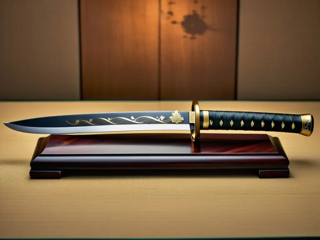 Una katana japonesa descansa en un soporte de madera, iluminada por luz suave